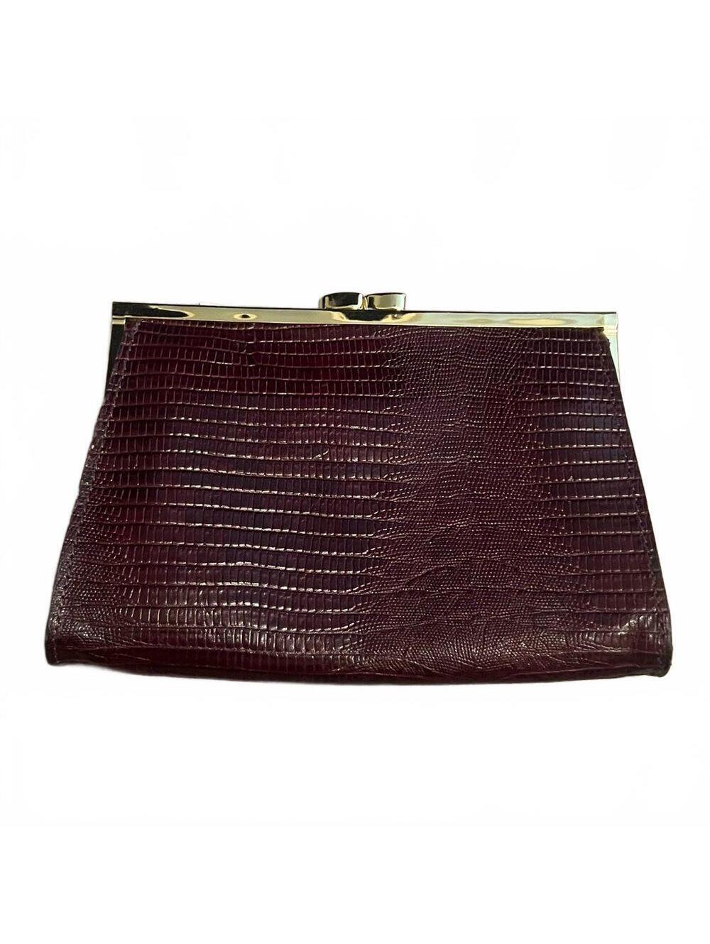 Newport News Brown Lizard leather Small clutch cosmetic bag Gold Kiss Lock NEW